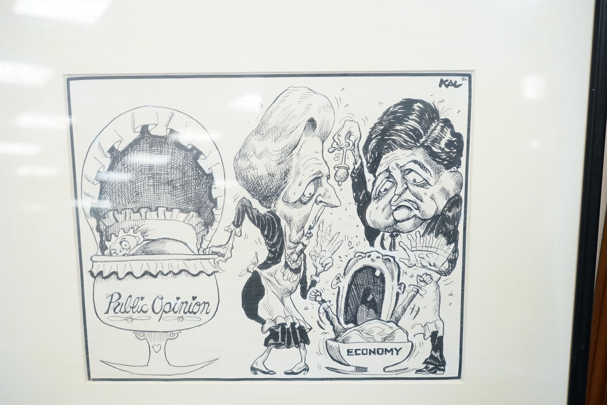 Three 20th century monochrome cartoons and caricatures, to include one by Kevin Kallaugher (Kal, b.1955), ‘Public opinion', signed and dated '86, one by Charles Ince 'Toothache', signed and dated 1906, largest 38 x 24cm.
